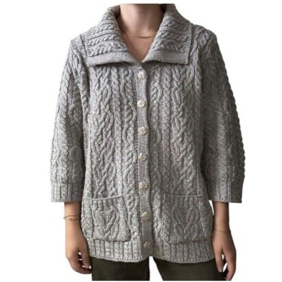 Aran Crafts Women's Gray Irish Wool Button Front Fishermans Cardigan Large - Picture 1 of 12